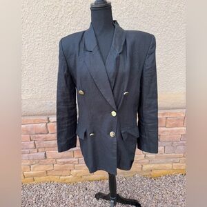 VINTAGE Lord & Taylor Black Linen Double Breasted Blazer Gold Buttons Sz 6 GOOD